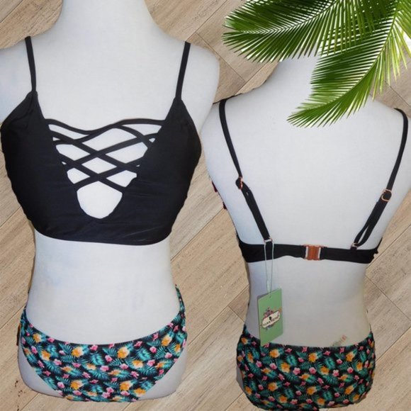 BLACK /  PRINT TWO PIECE SWIMSUIT - Picture 1 of 1